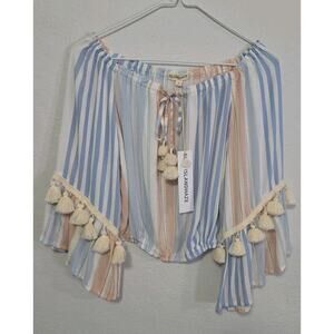 Island Haze Women's Top Size M Rainbow Skyline Tassel Blue Peach Cream Fringe